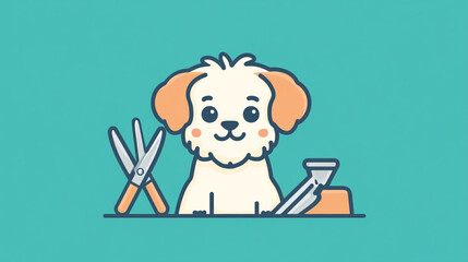 Cute dog ready for grooming with scissors and pet supplies nearby