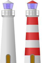 Lighthouse. White lighthouse, and red and white striped lighthouse. Front view. Isolated vector illustration.