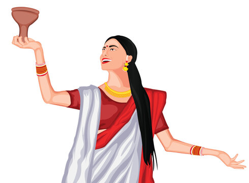 Beautiful Indian Bengali Woman Is Dancing And Holding Dhunuchi In Hand Vector Illustration