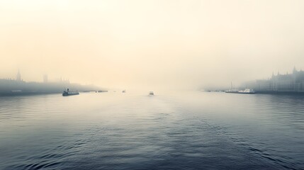 Foggy River Scene With Boats and City Buildings
