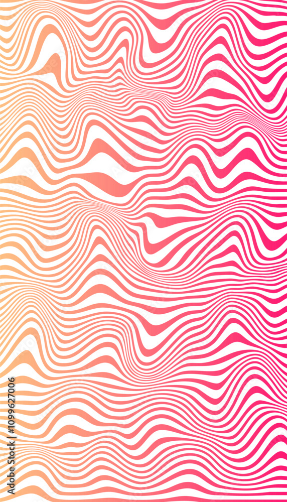 Poster pink and white gradient distorted wavy lines vector background. optical illusion cyberpunk linear wa