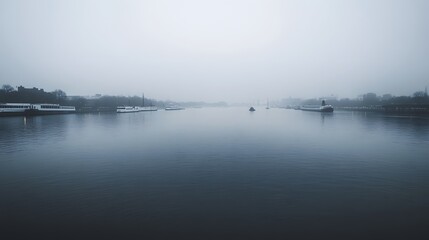 Fototapeta premium Foggy River Scene With Boats Docked Along The Banks