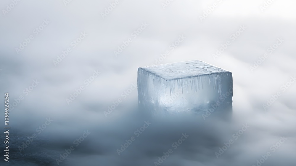 Poster a large ice cube sits in a misty environment