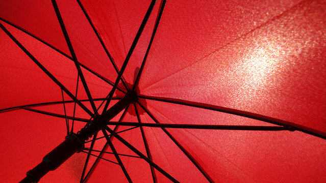 Close-up of a red umbrella with sunlight filtering through