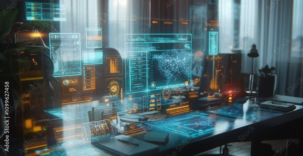 Poster a futuristic workspace with holographic displays of billing data spreadsheets, real-time transaction
