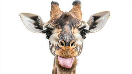 Giraffe sticking out its tongue in a playful expression against a plain background