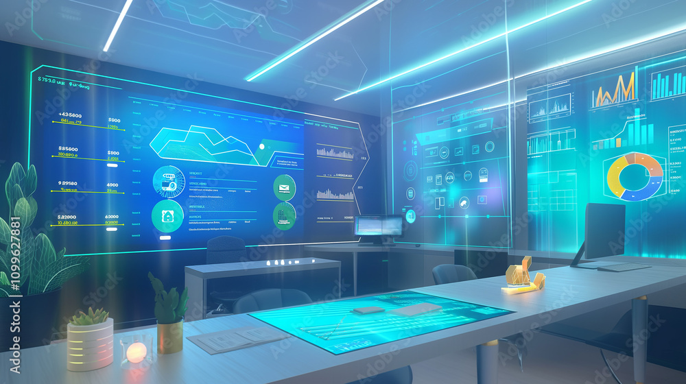Poster a futuristic workspace with holographic displays of billing data spreadsheets, real-time transaction