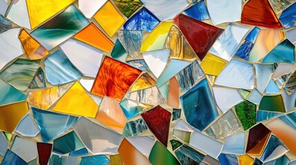 A detailed view of an intricate pattern of multicolored glass shards forming a mosaic, Symbolizing the unique and valuable contributions of diverse elements creating a cohesive whole, minimalist style