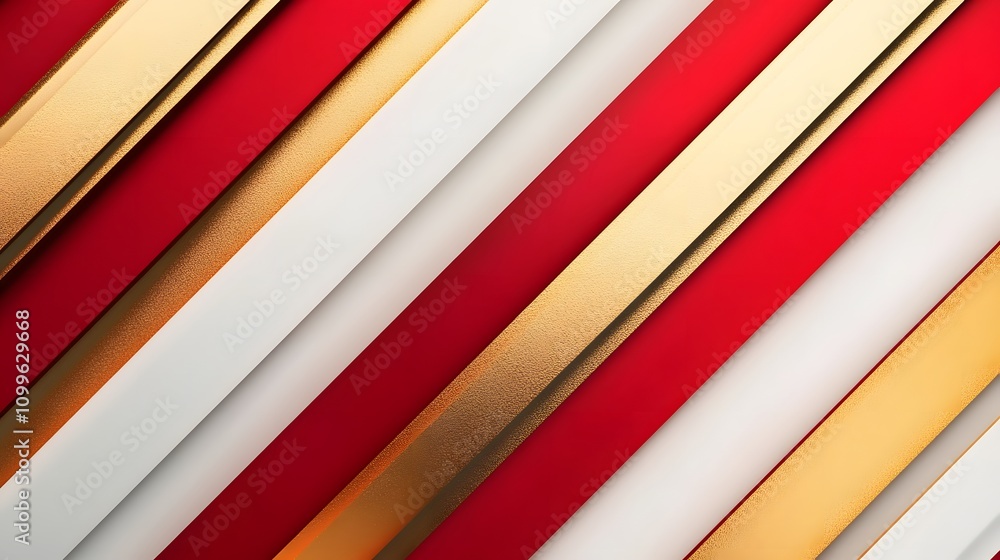 Poster a dynamic design with red, white, and gold diagonal stripes, featuring empty space in the center for