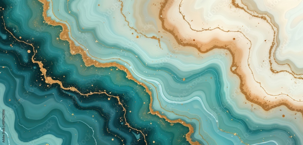 Poster Abstract art design with flowing light blue, teal patterns, amber accents. Marble-like texture with gold glitter accents creating unique visual. Smooth surface suggests stone-like material artistic