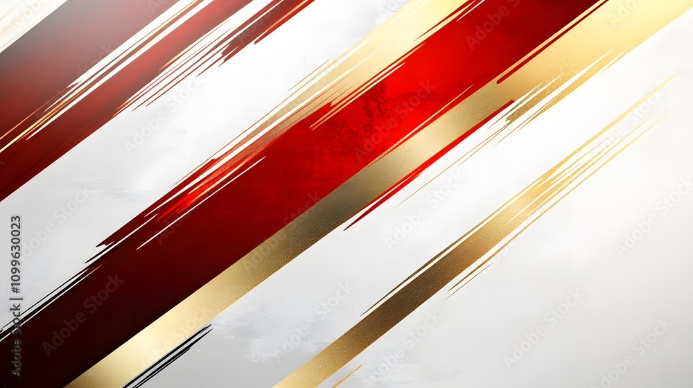 Poster a dynamic design with red, white, and gold diagonal stripes, featuring empty space in the center for