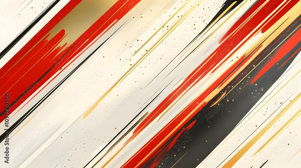 Poster a dynamic design with red, white, and gold diagonal stripes, featuring empty space in the center for