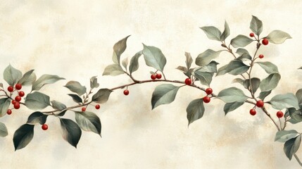 Single holly branch with red berry on light cream background
