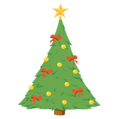 Obraz premium Christmas tree with red ribbon and yellow ball stars on the top