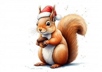 Adorable watercolor squirrel wearing a festive christmas hat and holding an acorn, perfect for holiday projects