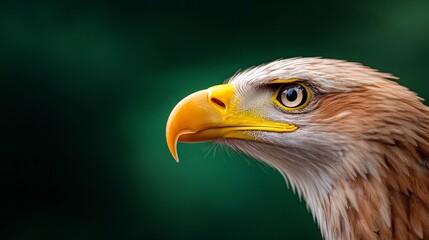 Obraz premium A striking close-up of an eagle showcasing its sharp beak, intense gaze, and detailed feathers against a blurred green background.