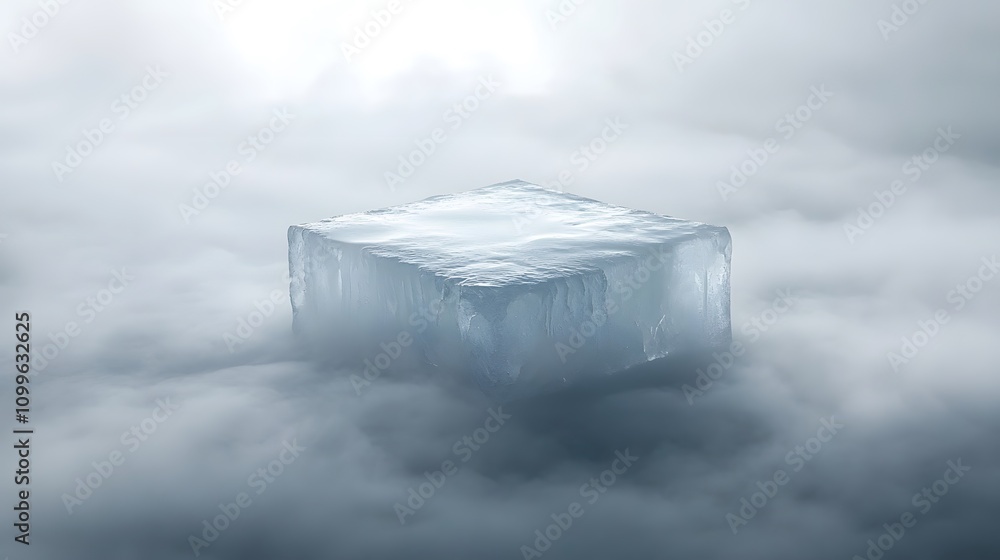 Poster a single ice cube rests on a cloud of fog