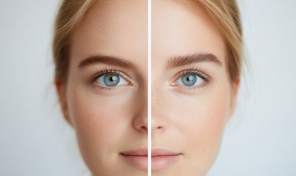 Before & after eyebrow shaping on a young woman with blue eyes.