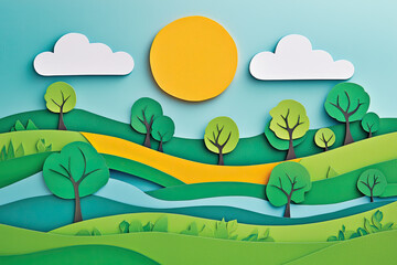 Obraz premium Colorful paper cut landscape with sun and trees in serene setting