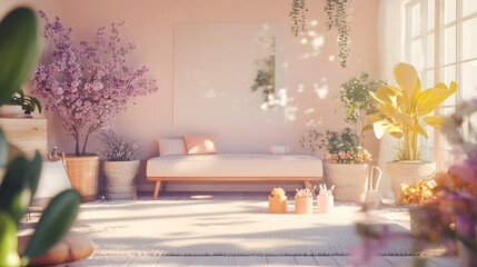 A cozy scene with soft pastel colors (light pink, lavender, and peach) creating a warm atmosphere, with ample empty space in the middle for showcasing products.