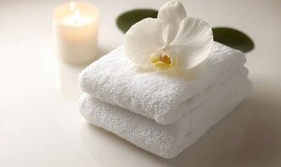 A serene spa setting featuring stacked white towels, a candle, and an orchid for relaxation.
