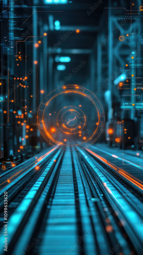 Poster futuristic digital pathway with neon lights and abstract patterns