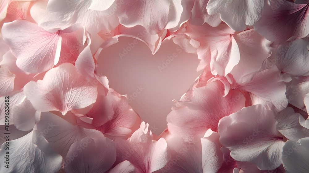 Poster a heart-shaped pattern made of soft petals in shades of pink and white, with empty space in the cent