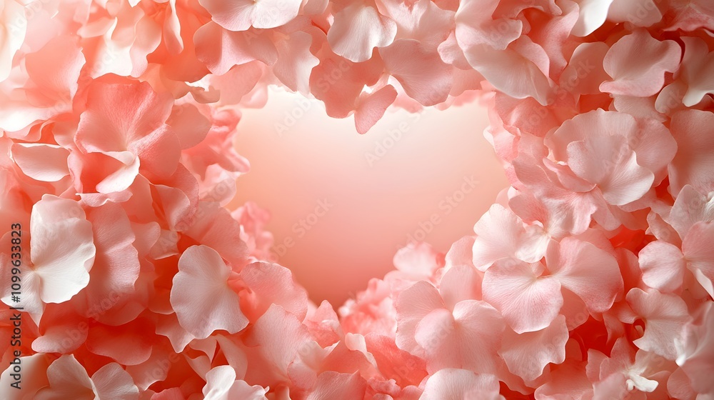 Poster a heart-shaped pattern made of soft petals in shades of pink and white, with empty space in the cent