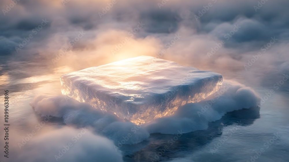 Aufkleber a luminous ice cube rests on snow in a misty setting