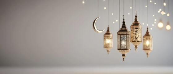 Aesthetic pastel colors ramadan background. Enchanting Ramadan decorations with glowing lanterns, crescent moons, and starry garlands.