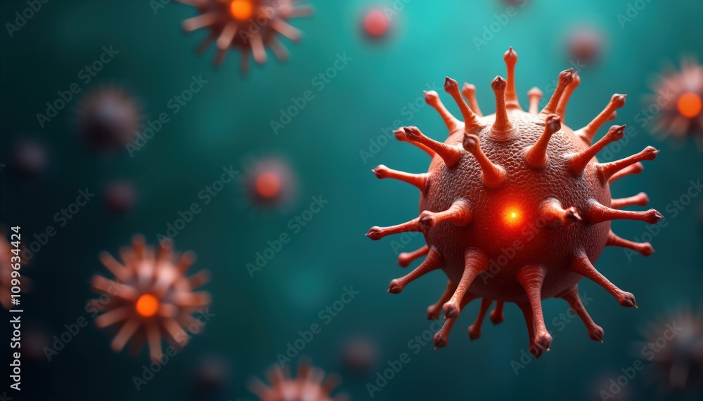 Poster Closeup view of a virus. Complex 3D structure with spikes. Science research concept. No people are visible. Possible uses include medical or science articles, or educational materials about viruses.