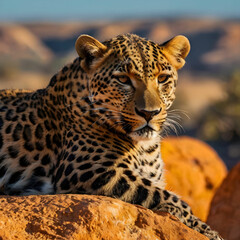 Obraz premium A leopard resting on a bright orange rock