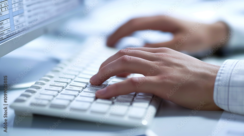 Poster hands typing on a keyboard as a detailed billing and invoicing spreadsheet is displayed on a high-re