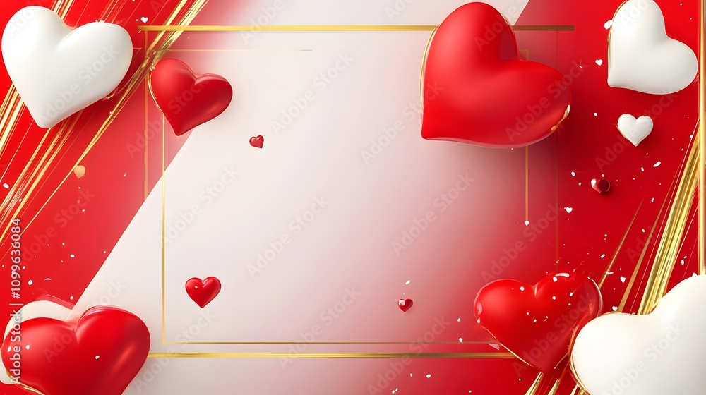 Poster a bold red and white gradient background with floating hearts and a luxurious gold frame, leaving th