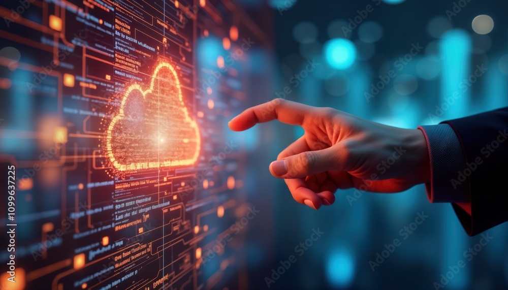 Aufkleber Businessman interacts with holographic cloud computing touch screen. Manages data in virtual 3D interface. Innovative future tech with augmented reality. Global connections. Modern digital art