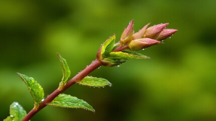 Fototapeta premium Natural Macro Shot Dewdrops with Stunning Contrast.A close-up of a budding plant, displaying soft pink buds and lush green leaves against a blurred green background.