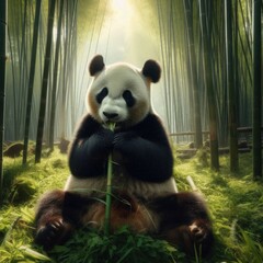Obraz premium Panda eating bamboo in forest Generative AI, Panda 4K Wallpaper 