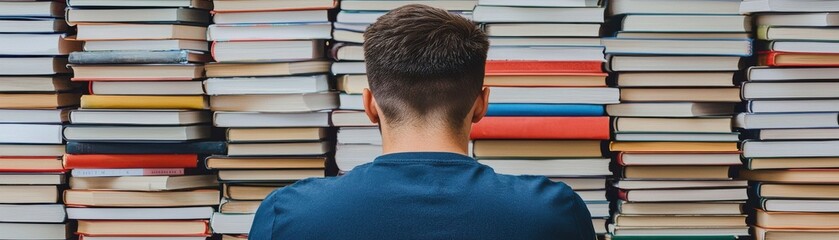 Student in Library Surrounded by Books Engaged in Reading and Deep Thought Amidst a Sea of Knowledge and Learning