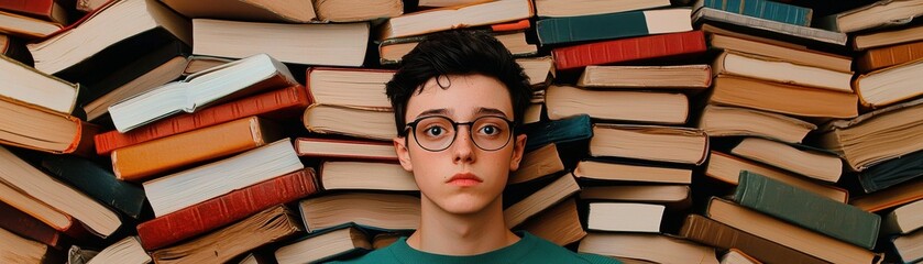 Student in Library Surrounded by Books with Focused Expression Looking Upwards in a Cozy Study Environment