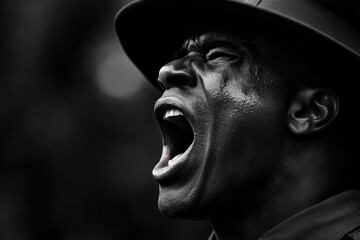 Sergeant at Boot Camp Yelling with Authority and Intensity