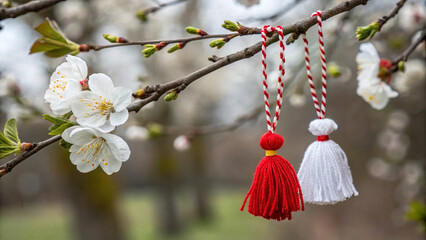 Traditional red and white martenica with spring cherry blossoms.