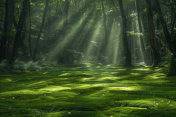 Fototapeta premium A serene green mossy forest with sunlight filtering through the dense canopy, casting a beautiful glow on the forest floor. Tranquil and enchanting.