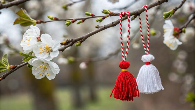 Traditional red and white martenica with spring cherry blossoms.