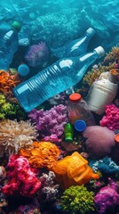 Underwater Scene Featuring Plastic Bottles Amidst Vibrant Coral Reef and Marine Life