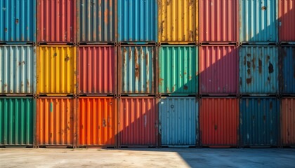 Fototapeta premium Colorful shipping containers form vibrant wall. Corrugated metal panels create texture, pattern. Sunlight casts shadows across colorful containers. Containers varied colors like yellow orange red
