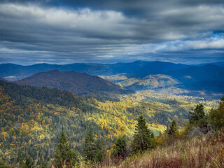 The landscape of Carpathian Mountains in the sunny weather. Perfect weather condition in the autumn season