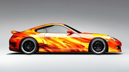 Fototapeta premium The abstract flame sticker design on the side of the racing car, combines bright orange, red and yellow hues background wallpaper AI generated image