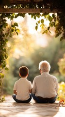 Warm Interaction Between Grandparent and Grandchild in Serene Outdoor Setting Surrounded by Nature's Beauty