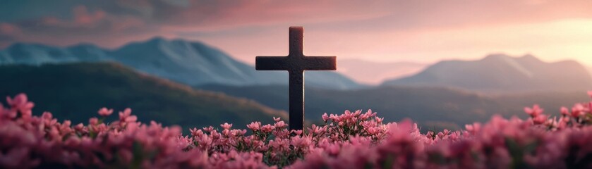 Glowing Cross Surrounded by Blooming Flowers in a Serene Landscape at Sunset