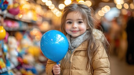Naklejka premium Smiling girl holding a blue balloon in a festive indoor market